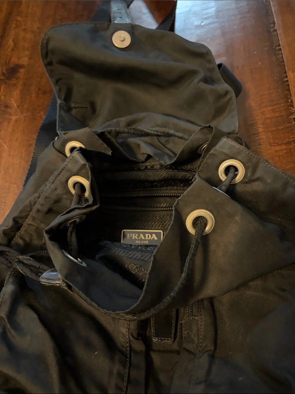 Prada Black Nylon Drawstring Backpack with Leather Trim